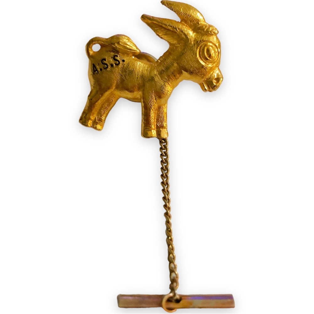 DONKEY TIE BAR STICK PIN CHAIN w/ A.S.S Marking Gold Color Pewter 40+Yrs VINTAGE